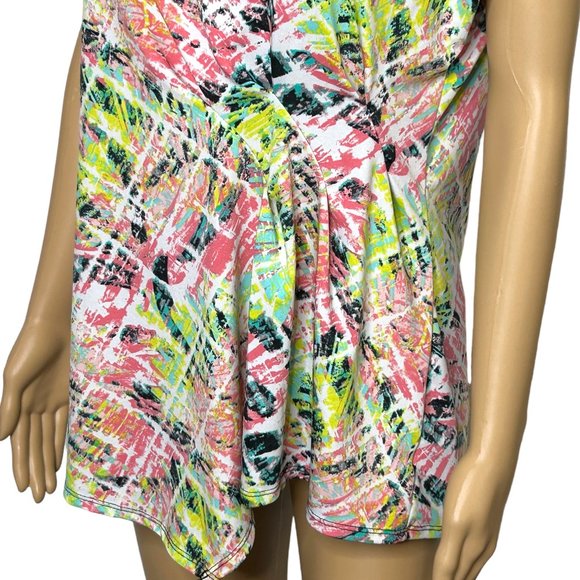 Relativity Womens L Stretch Multicolor Yellow Pink Cap Short Sleeve Shirt Blouse - Picture 2 of 11